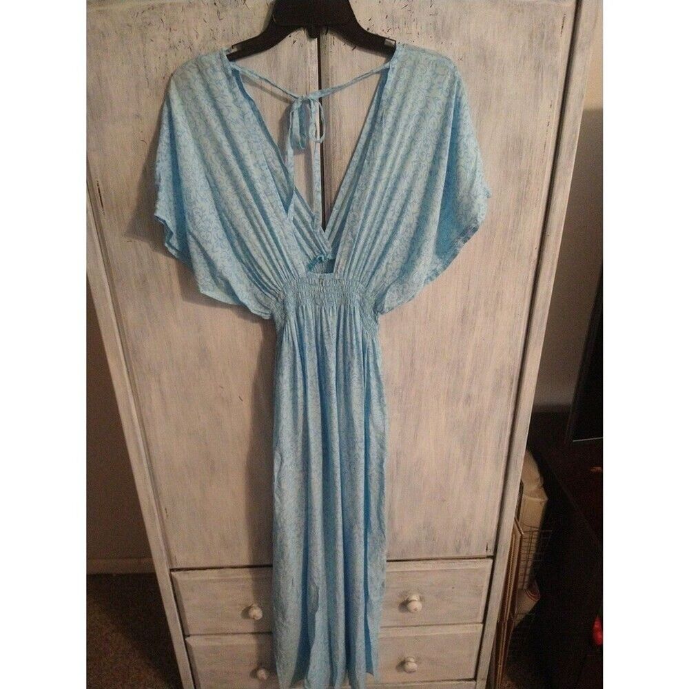 Balifus  maxi V neck  dress Blue Sm Boho Beachy Feminine Cottage Core hippie